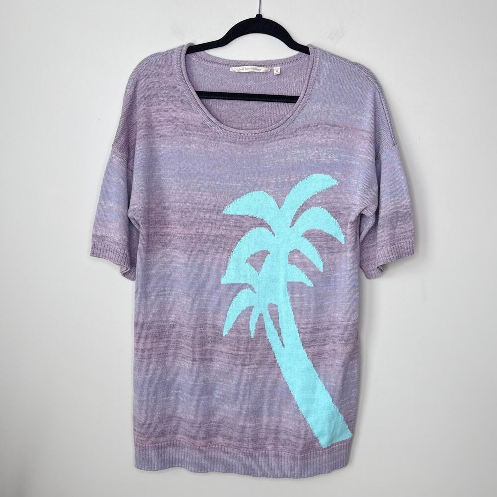 Soft Surroundings Palm Tree Short Sleeve Medium Tunic Sweater‎ Purple Blue Wash